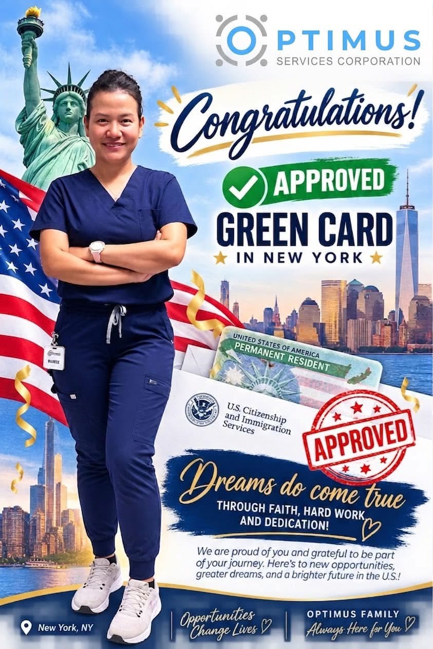 Optimus promotional material celebrating a healthcare professional’s green card approval